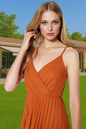 Yazlık Casual Ayarlanabilir Askılı Pileli Midi Elbise Seçkin Malzeme Yüksek Kalite Rahat Kullanım