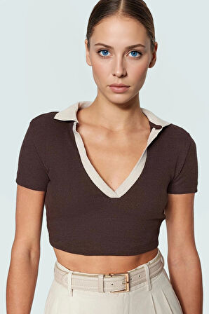Esnek Örme Kısa Kollu Crop Bluz Polo Yaka Polyester Karışım Günlük Kullanım İçin