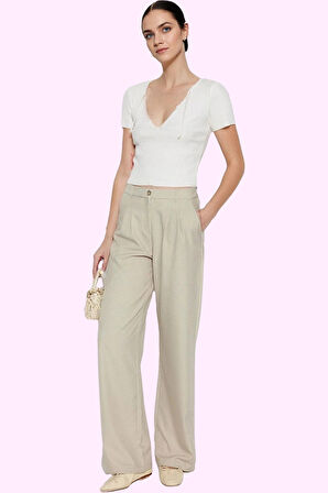 Kadın Terrycotton Dokuma Palazzo Pantolon Düz Desen Normal Bel Wide Leg Yaz Aylarının Vazgeçilmezi