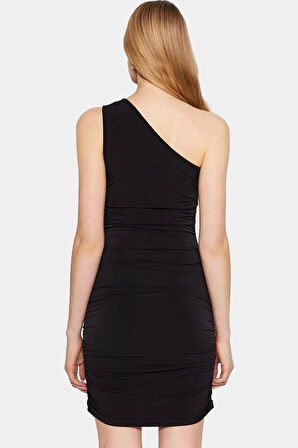 Asimetrik Yaka Mini Elbise Örme Kumaş Vücut Şekillendirici Kalem Seçkin Malzeme