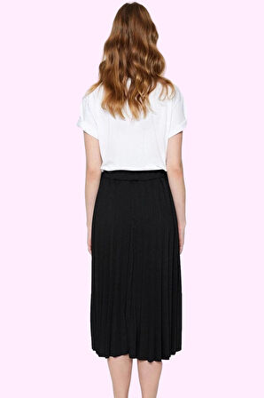 Kadın Örme Krep Etek Midi Boy Pileli Düz Desen Günlük Hafta Sonu Yaz Aylarının Vazgeçilmezi