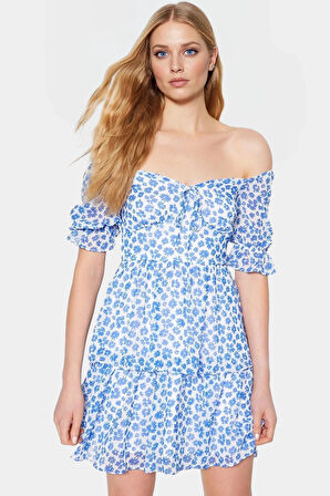 Dokuma Mini Elbise Çiçekli Desen Kısa Kol Astarlı Gipeli Seçkin Malzeme Trend Tasarım