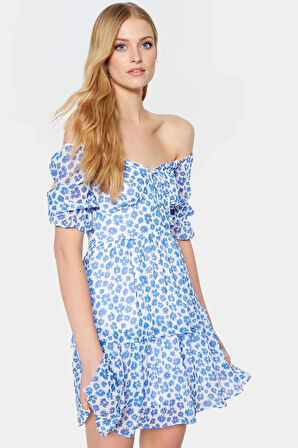 Dokuma Mini Elbise Çiçekli Desen Kısa Kol Astarlı Gipeli Seçkin Malzeme Trend Tasarım