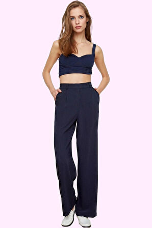 Kadın Krep Dokuma Pantolon Yüksek Bel Geniş Paça Desensiz İş Pantolonu Yaz Aylarının Vazgeçilmezi