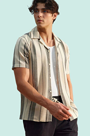 Erkek Yazlık Kısa Kollu Çizgili Dokuma Gömlek Yaka Regular Fit Günlük Kullanım Özel Günler