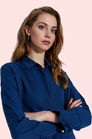 Kadın Denim Görünümlü Gömlek Flamlı Pamuk Kumaş Düğmeli Kışlık Günlük Kullanım Özel Günler