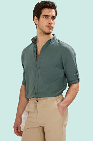 Erkek Pamuklu Gömlek Düğmeli Slim Fit Keten Görünümlü İş ve Günlük Yaz Aylarının Vazgeçilmezi