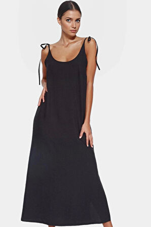 Midi Boy Kolsuz Elbise Yumuşak Dokuma Polyester Şık Shift Kalıp Trend Tasarım Uzun Ömürlü