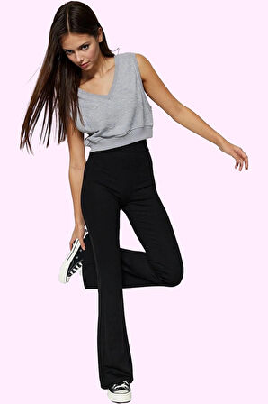 Kadın Renk Düz Desenli Flare Pantolon Esnek Yüksek Bel Günlük Kullanım Yaz Aylarının Vazgeçilmezi