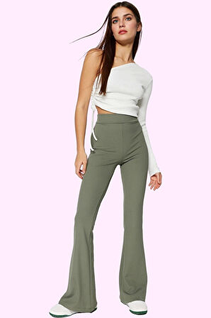 Kadın Renk Düz Desenli Flare Pantolon Esnek Yüksek Bel Günlük Kullanım Yaz Aylarının Vazgeçilmezi