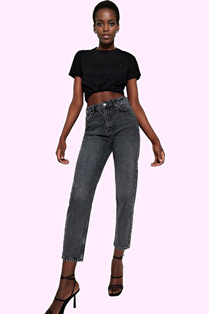 Kadın Pamuk Denim Mom Jean Pantolon Yüksek Bel Regular Boy Günlük Kullanım Kaliteli Malzeme