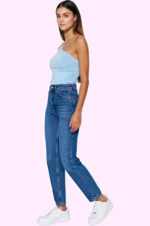 Kadın Pamuk Denim Mom Jean Pantolon Yüksek Bel Regular Boy Günlük Kullanım Kaliteli Malzeme