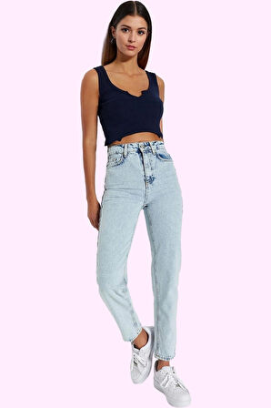 Kadın Pamuk Denim Mom Jean Pantolon Yüksek Bel Regular Boy Günlük Kullanım Kaliteli Malzeme