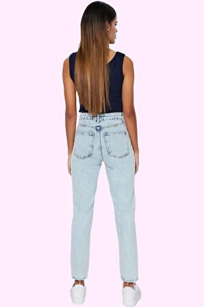 Kadın Pamuk Denim Mom Jean Pantolon Yüksek Bel Regular Boy Günlük Kullanım Kaliteli Malzeme