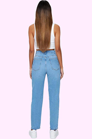 Kadın Mom Jean Pamuklu Renk Yüksek Bel Geniş Paça Rahat Günlük Hafta Sonu Kaliteli Malzeme