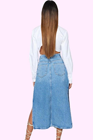 Kadın Denim Maxi Etek Pamuk Yüksek Bel Yırtmaçlı Casual Stil Günlük Kullanım Modern Tasarım