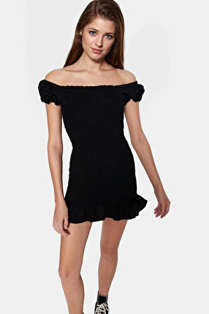 Dokuma Mini Elbise Bodycon Kalıp Balon Kollu Aerobin Vücudu Saran Rahat Ve Şık