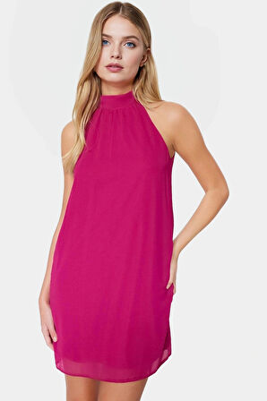 Halter Yaka Mini Elbise Şifon Dokuma Rahat ve Şık Yazlık Profesyonel Görünüm