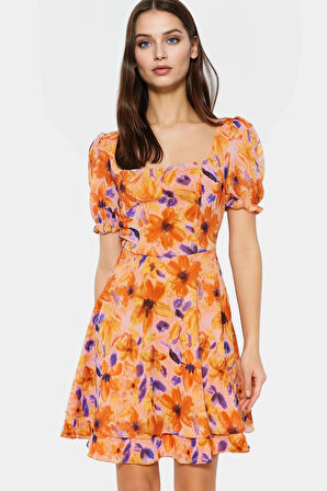 Çiçek Desenli Şifon Elbise Yazlık Mini Skater Günlük Kullanım İçin Trend Tasarım