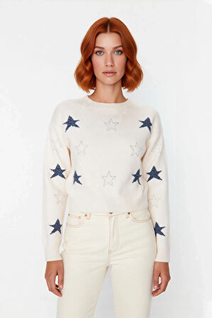 Kadın Basic Bisiklet Yaka Yılbaşı Desenli Crop Triko Kazak Uzun Kollu Kış Sezonu Günlük Stil