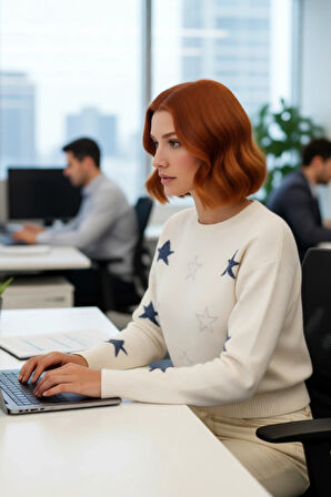 Kadın Basic Bisiklet Yaka Yılbaşı Desenli Crop Triko Kazak Uzun Kollu Kış Sezonu Günlük Stil