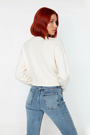 Kadın Basic Bisiklet Yaka Yılbaşı Desenli Crop Triko Kazak Uzun Kollu Kış Sezonu Günlük Stil