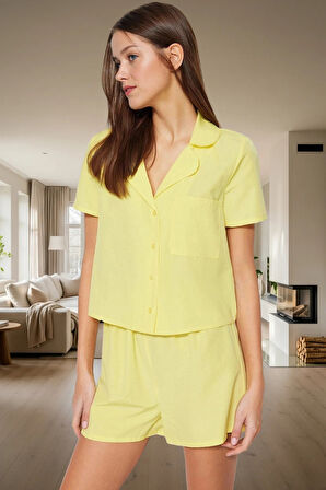 Rahat Pijama Takımı Pamuk Polyester Şortlu Yazlık Düğmeli Premium Kalite Yüksek