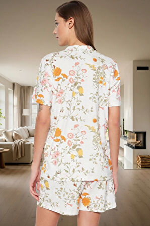 Rahat Pamuklu Pijama Takımı Çiçek Desenli Kısa Kollu Gömlek Yaka Yazlık Dayanıklı Malzeme