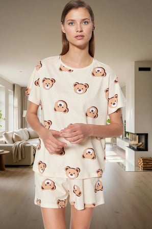 Kadın %100 Pamuklu Regular Kalıp Ayıcıklı Pijama Takımı Özenle Seçilmiş Trend Tasarım