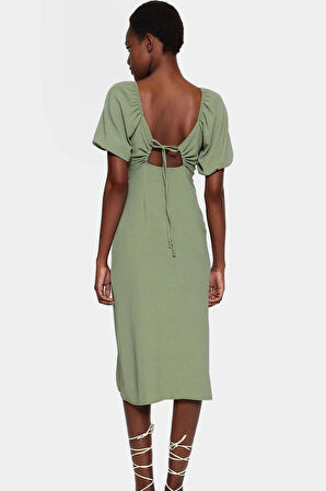 Rahat ve Şık Dokuma Elbise Midi Boy A line Kalp Yaka Yazlık Kombinler İçin Seçkin Malzeme