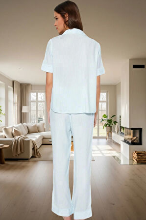 Çizgili Rahat Viskoz Pijama Takımı %100 Shally Dokuma Mükemmel Uyum Uzun Ömürlü