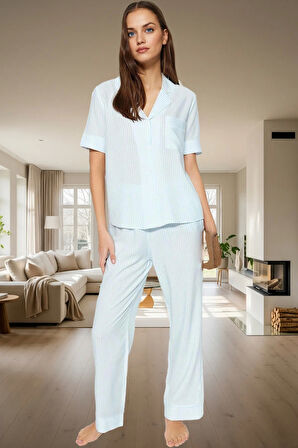 Çizgili Rahat Viskoz Pijama Takımı %100 Shally Dokuma Mükemmel Uyum Uzun Ömürlü