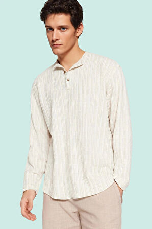 Erkek Düz Desenli Keten Karışımlı Uzun Kollu Gömlek Rahat Kalıp Yazlık Yaz Aylarının Vazgeçilmezi