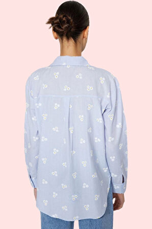 Kadın Basic Kalıp Uzun Kollu Dokuma Gömlek Çiçekli Desenli Rahat Günlük Kombin Özel Günler