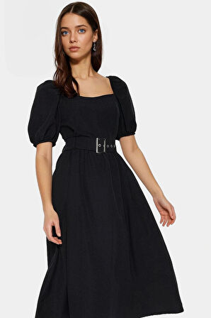 Kemerli Pamuklu Midi Elbise Dokuma Terrycotton Kumaş Günlük Casual Stil Rahat Seçkin Malzeme