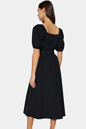 Kemerli Pamuklu Midi Elbise Dokuma Terrycotton Kumaş Günlük Casual Stil Rahat Seçkin Malzeme