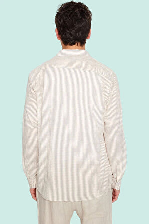 Erkek Casual Keten Karışımlı Çizgili Gömlek Regular Fit Yaka Uzun Kollu Yaz Aylarının Vazgeçilmezi