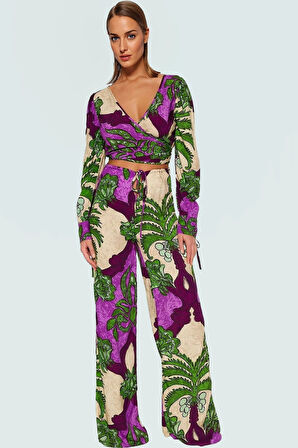 Rahat ve Şık Tropikal Desenli Viskoz Plaj Takımı Kısa Bluz Pantolon Kaliteli İşçilik