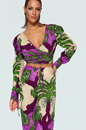 Rahat ve Şık Tropikal Desenli Viskoz Plaj Takımı Kısa Bluz Pantolon Kaliteli İşçilik