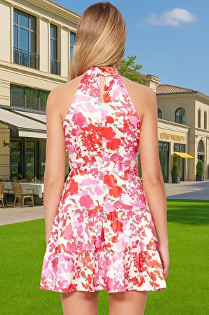 Kadın Yazlık Mini Elbise Saten Dokuma Çiçekli A Kesim Rahat Profesyonel Görünüm Rahat Kullanım