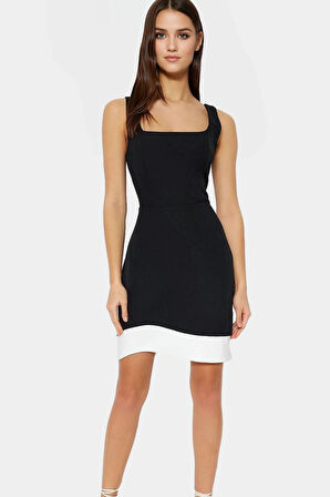 Yazlık Renk Bloklu Mini Elbise Dokuma Kumaş Bodycon Kesim Kare Yaka Özel Tasarım Mükemmel Uyum