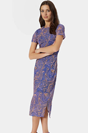 Soyut Desenli Bodycon Midi Elbise Nefes Alan Polyester Elastan Kumaş Dayanıklı Malzeme