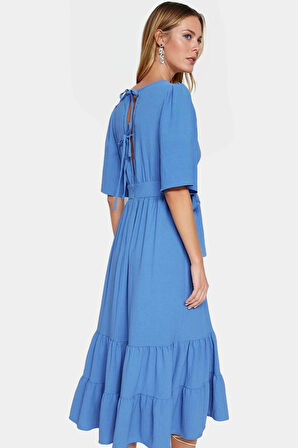 Kuşaklı Midi Elbise Rahat Kesim V Yaka Aerobin Dokuma Uzun Ömürlü Yüksek Kalite