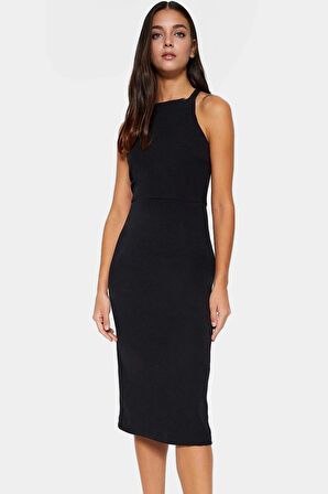 Bodycon Midi Elbise Şık Halter Yaka Nefes Alan Dokuma Kumaş Günlük ve Özel Günler İçin