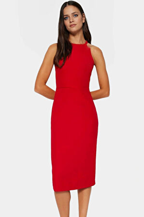 Bodycon Midi Elbise Şık Halter Yaka Nefes Alan Dokuma Kumaş Günlük ve Özel Günler İçin