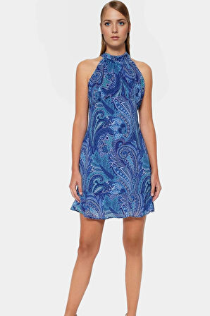 Çiçekli A line Şifon Elbise Halter Yaka Mini Boy Astarlı Konforlu Kesim Modern Stil