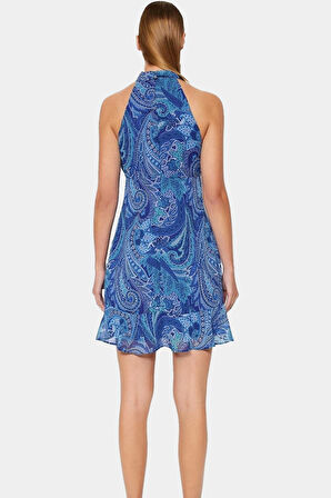 Çiçekli A line Şifon Elbise Halter Yaka Mini Boy Astarlı Konforlu Kesim Modern Stil