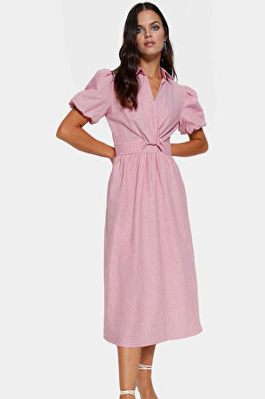 Pamuklu Dokuma Midi Elbise Çizgili Desen Balon Kollu Skater Kalıp Günlük Şıklık