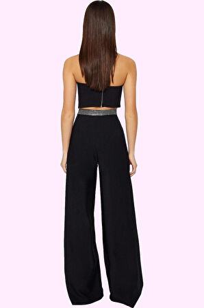 Kadın Şık Gece Pantolonu Taş Detaylı Yüksek Bel Boru Paça Regular Yaz Aylarının Vazgeçilmezi