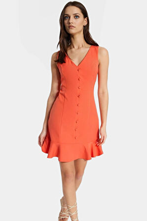 Finike Dokuma Mini Elbise A Line Kesim V Yaka Düğmeli Polyester Karışımlı Modern Stil